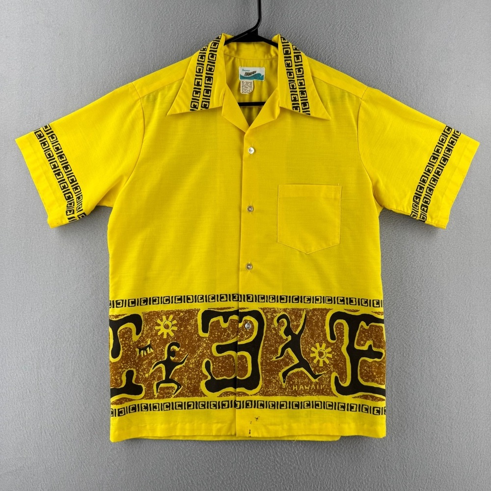 Vintage 60s Penneys Shirt Mens Medium 22x29 Perm Press Hawaiian Tiki Aloha‎